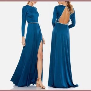 IEENA Mac Duggal Long Sleeve Jewel Trimmed Charmeuse Gown Blue